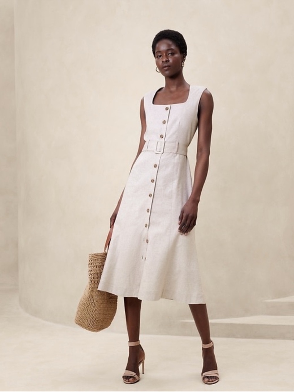 Banana Republic Natural Beige Square-Neck Button Midi Dress with Belt